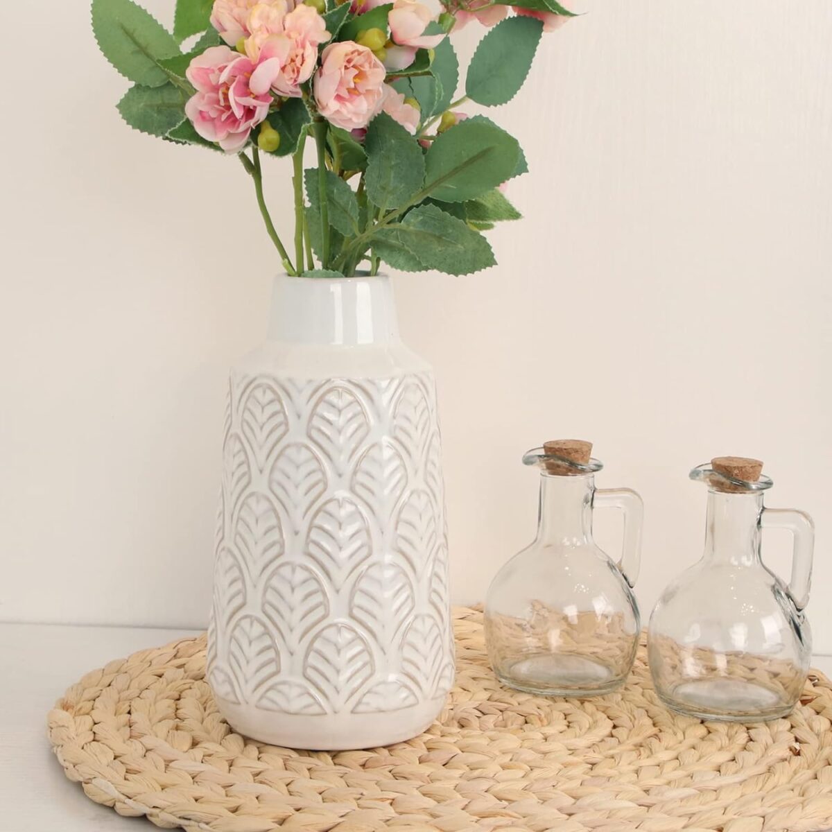 Ceramic White Vases, Modern Rustic Vases, Farmhouse Distressed Decorative Flower Vases, Beige White Finish Boho Vases for Home Decor, Pampas, Living Room, Mantel, Table Decoration