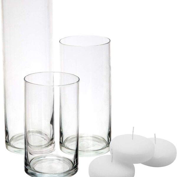 Glass Cylinder Flower Centerpiece Vases Set of 3 - Hurricane Candle Holder Pillar, Floating, Tealights - Use for Floral, Wedding, Home Decor, Holiday Includes 3 Floating Candles