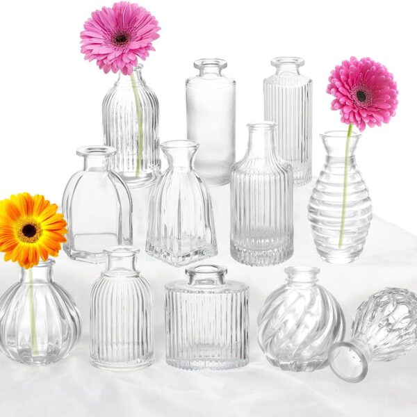 Bud Vases Set of 12, Glass Vase for Decor Centerpieces, Small Vases for Flowers, Clear Flower Vase Stripe Modern Bud Vases in Bulk, Vintage Vases for Floral Wedding Party Table Decoration Home Decor