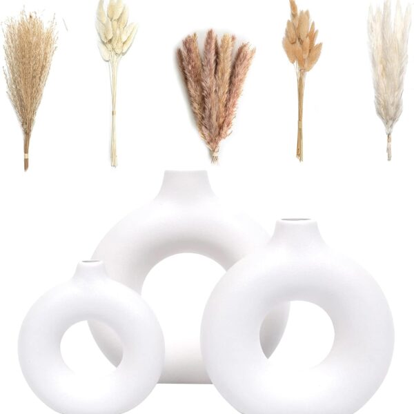 Set of 3 White Ceramic Vase with 65 PCS Dried Pampas Grass Flowers Aesthetic Boho Modern Small Round Cute Vases for Decor Living Room Coffee Table Shelf Bedroom Office Desk Home Gifts Women Mom