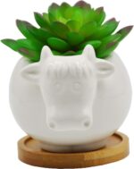 Succulent Pots,Cute 4.72 Inch Indoor Animal Cow Shaped Cartoon Ceramic Succulent Cactus Flower Pot with Bamboo Tray -Plant Not Included